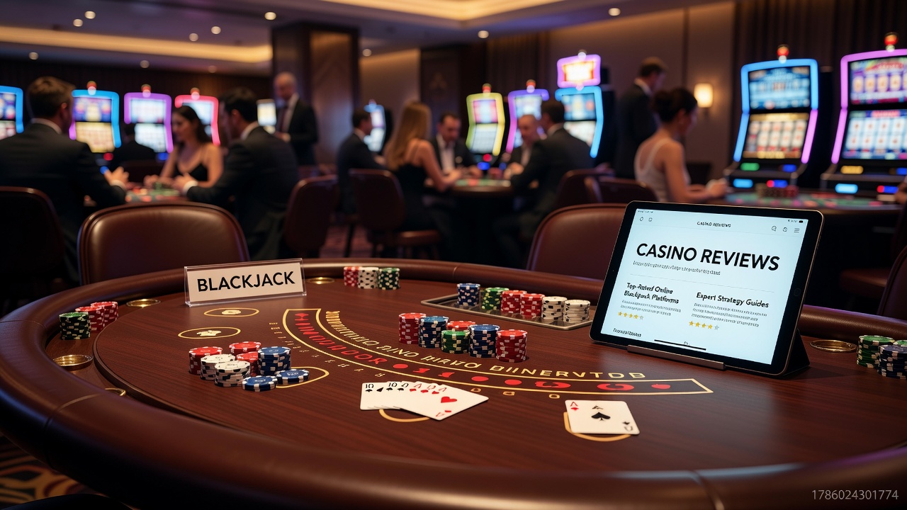 Live casino environment with players engaged at blackjack tables and digital overlays displaying current odds