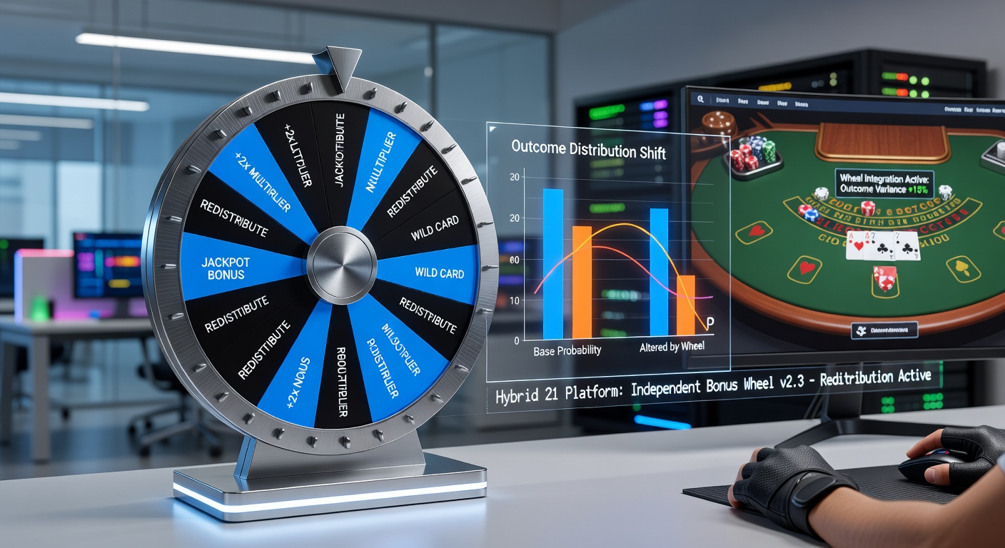Diagram showing bonus wheel integration with hybrid twenty-one card layouts at an independent gaming platform