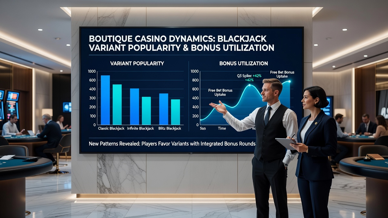 Interior view of a boutique casino with multiple blackjack variant tables and players engaging with bonus promotions