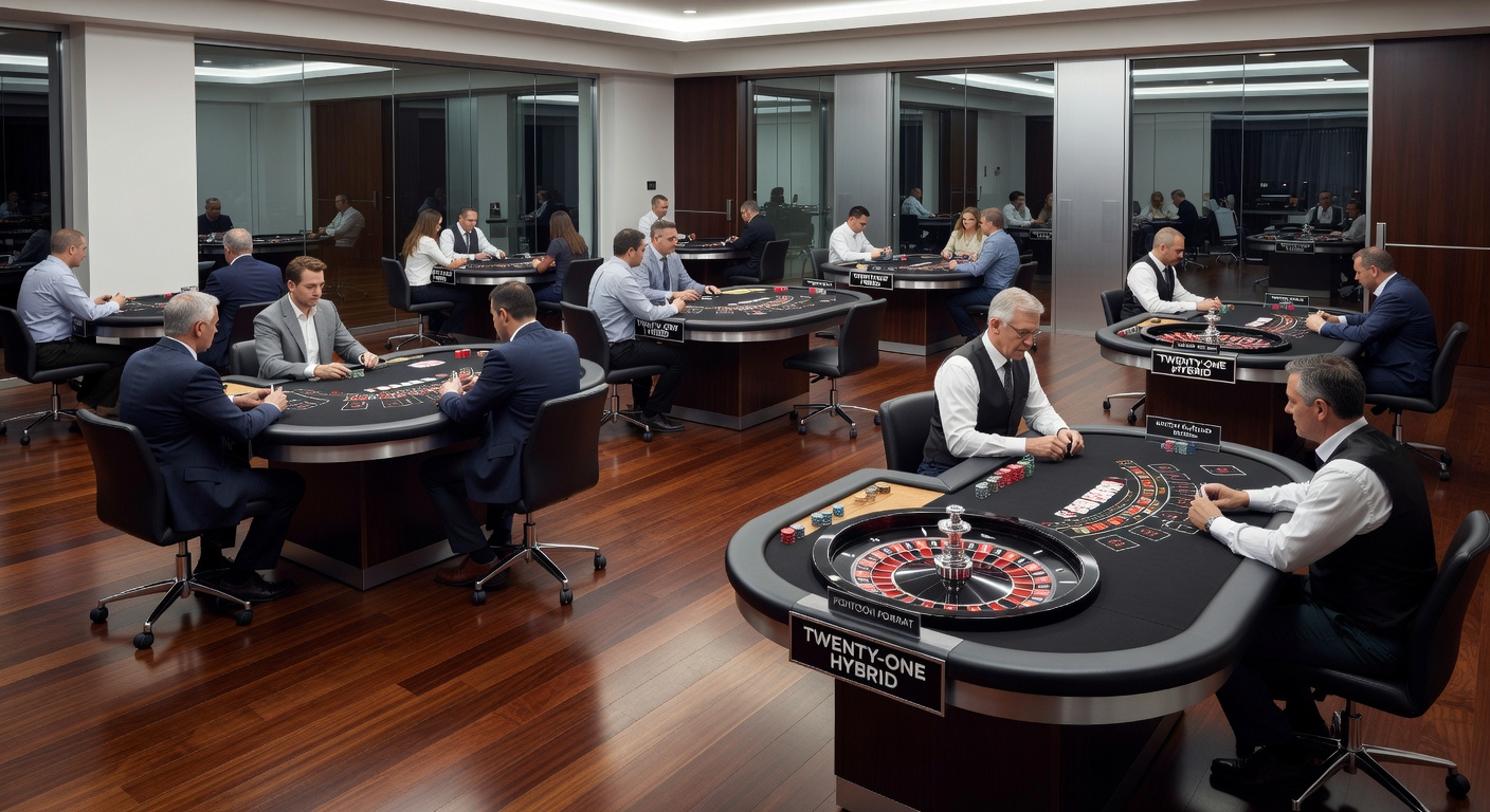 Cardroom floor layout showing wheel-enhanced hybrid twenty-one tables with Match Play and Pontoon signage