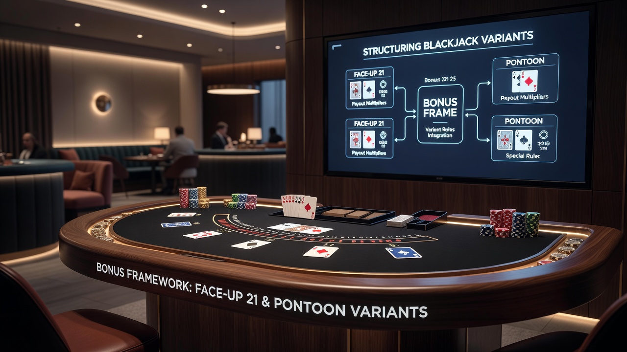 Close-up of Pontoon and Face-Up 21 game layouts at a boutique casino table with bonus promotional signage