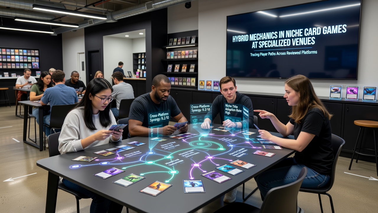 Specialized card game venue showing players engaged in hybrid mechanics across multiple tables with digital review platforms in background