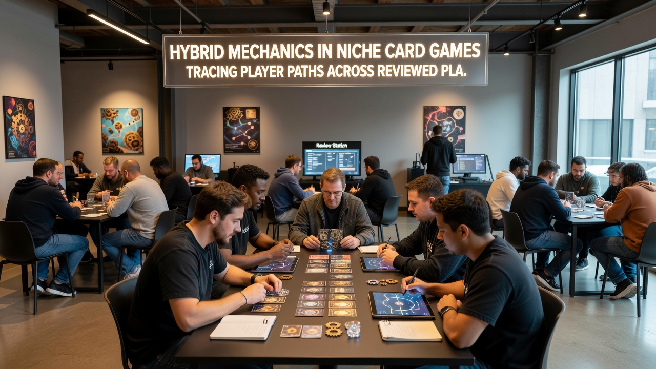Players at a specialized venue using hybrid card game mechanics with overlaid digital tracking interfaces during a July 2026 tournament session