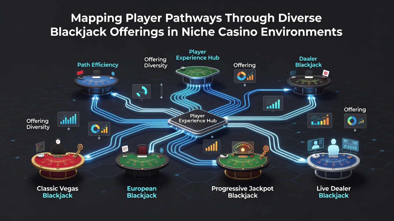 Players navigating multiple blackjack tables in a boutique casino setting with varied game layouts