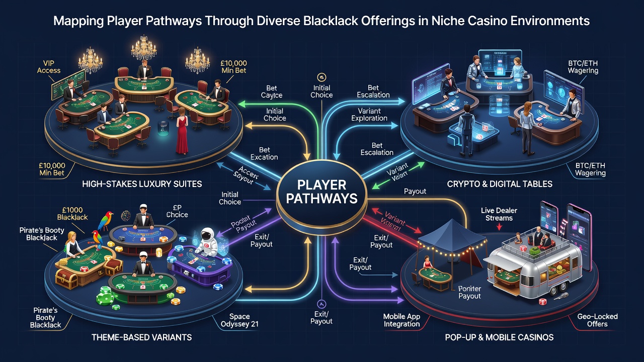 Digital interface showing player progression map across blackjack variants in an online niche casino platform