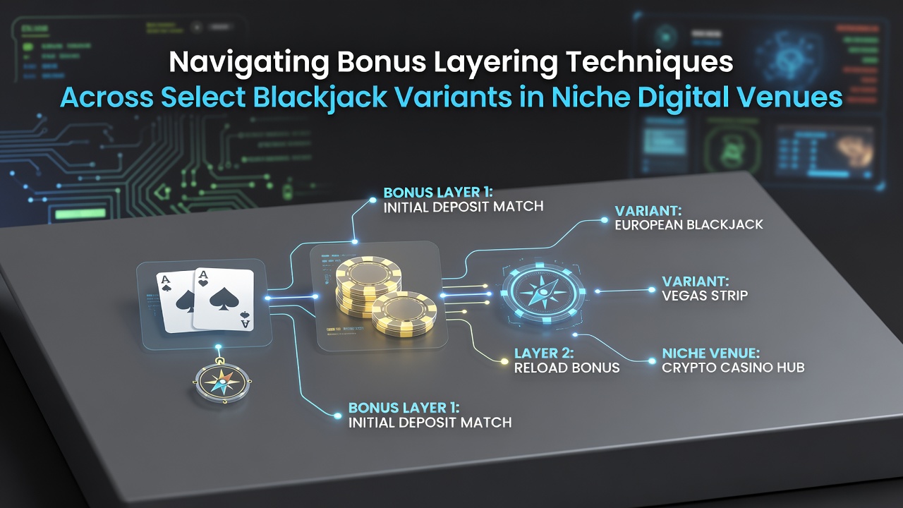 Illustration of digital blackjack tables with bonus overlays in niche online venues