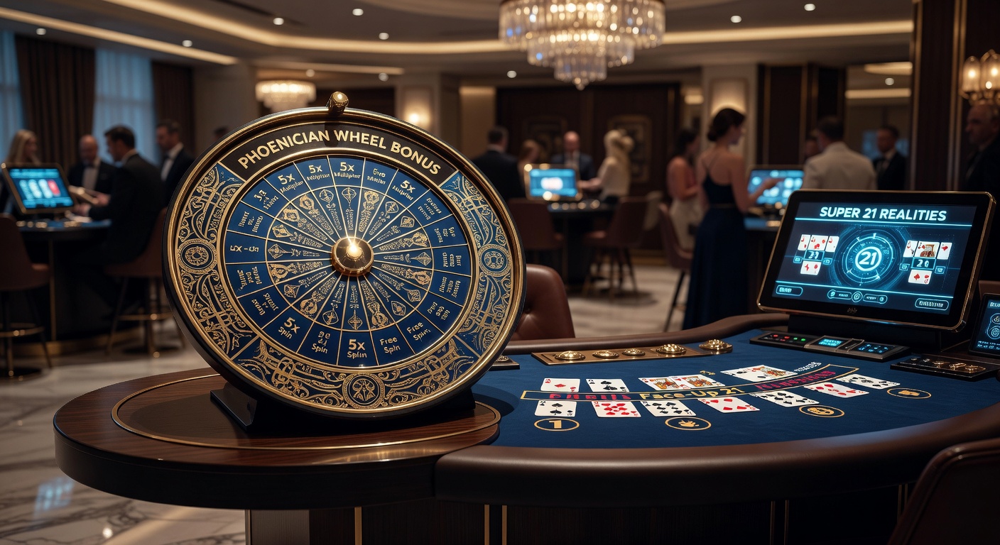 Vibrant casino table featuring Phoenician Wheel alongside Face-Up 21 blackjack setup, highlighting integrated side bet opportunities
