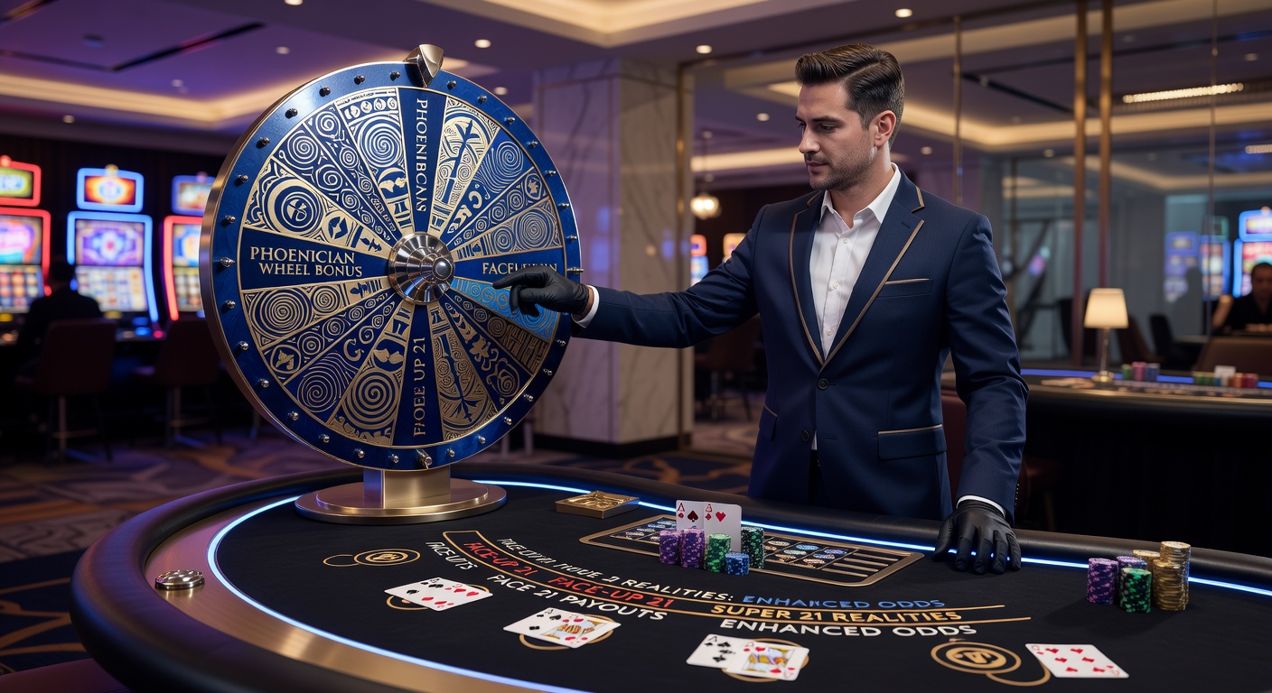 Close-up of Phoenician Wheel in motion during a Super 21 side bet round at a niche casino table, with chips and cards in foreground