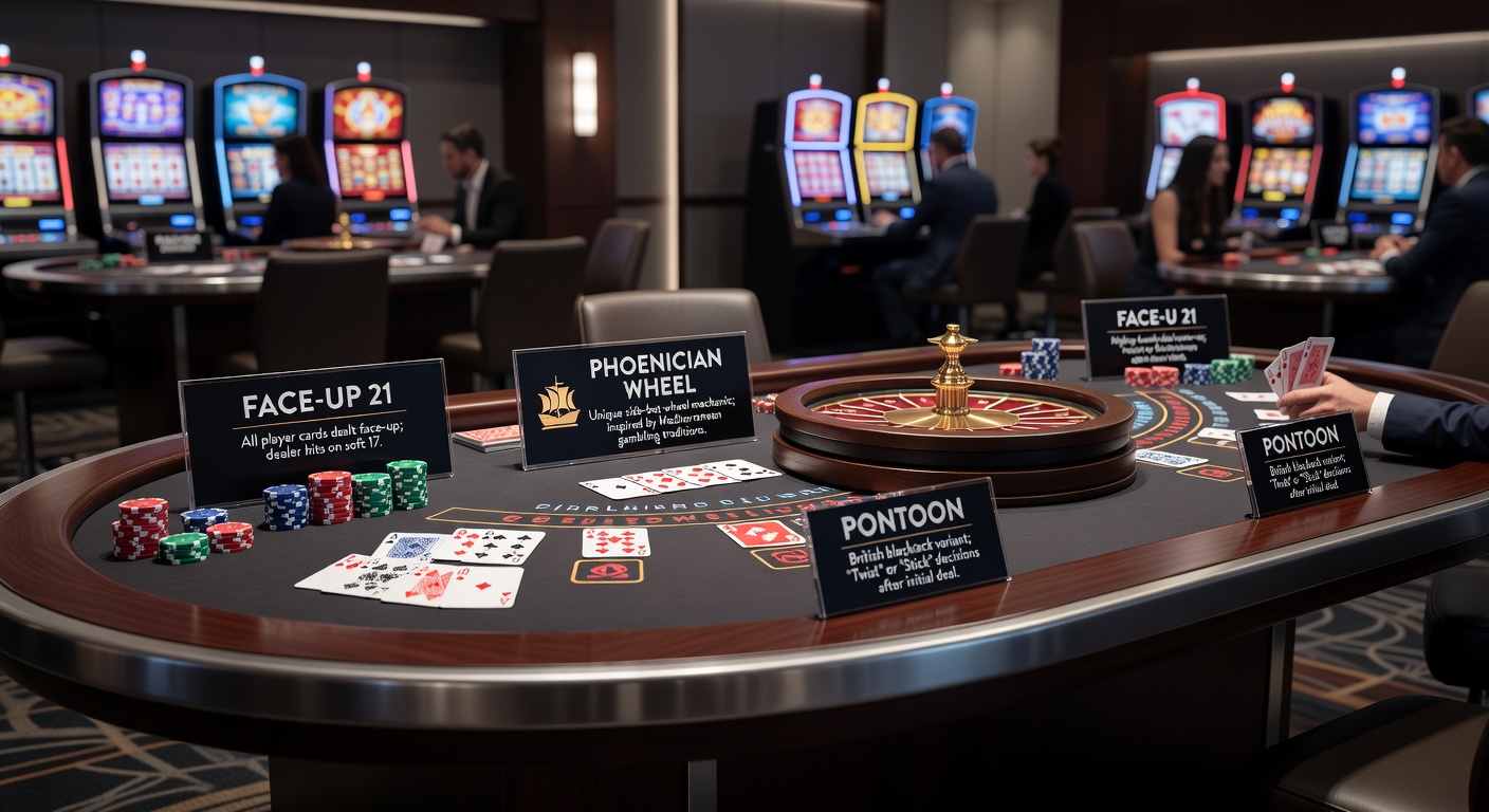 Close-up of a blackjack table featuring Face-Up 21 cards and a Phoenician Wheel in a dimly lit niche casino setting