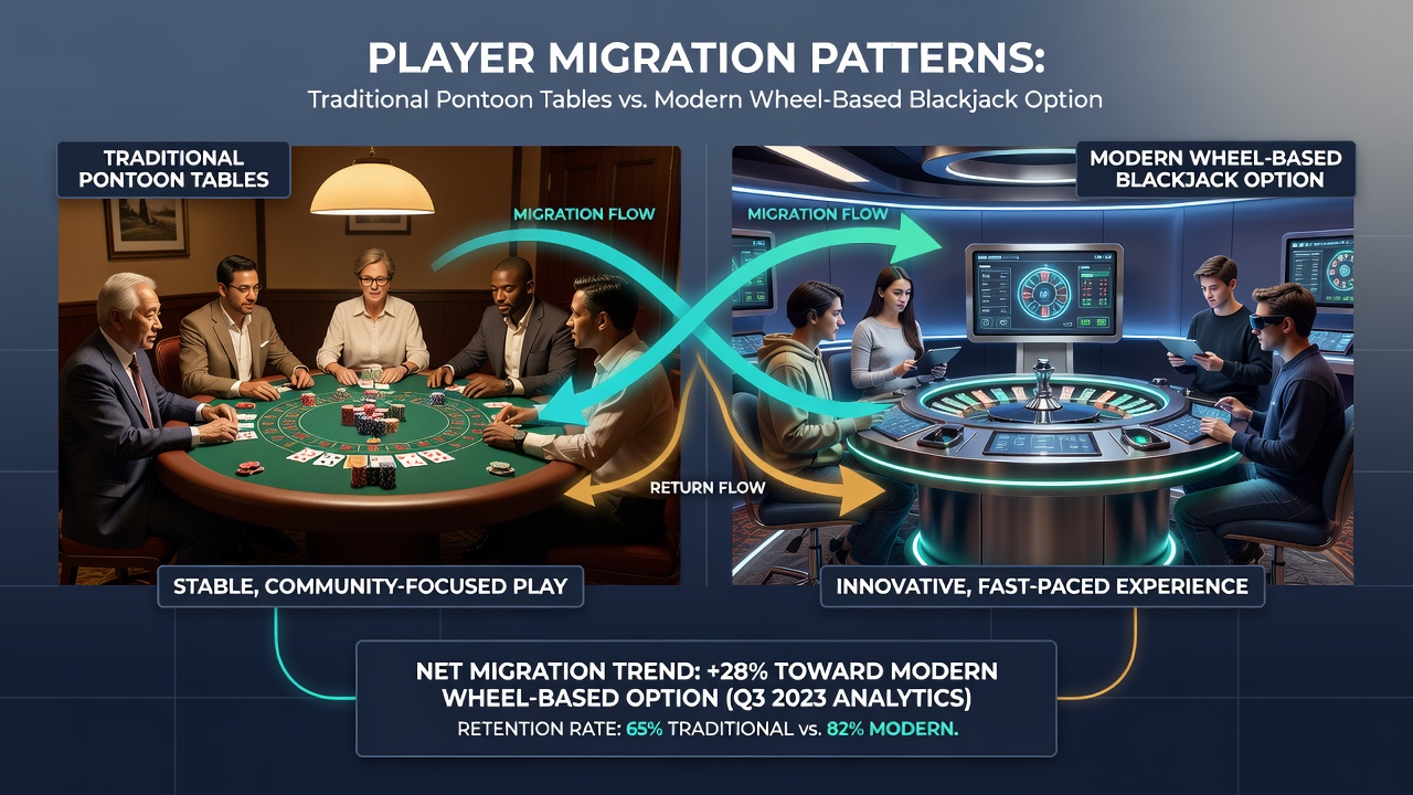 Digital interface showing player movement between pontoon card tables and wheel-based blackjack wheels