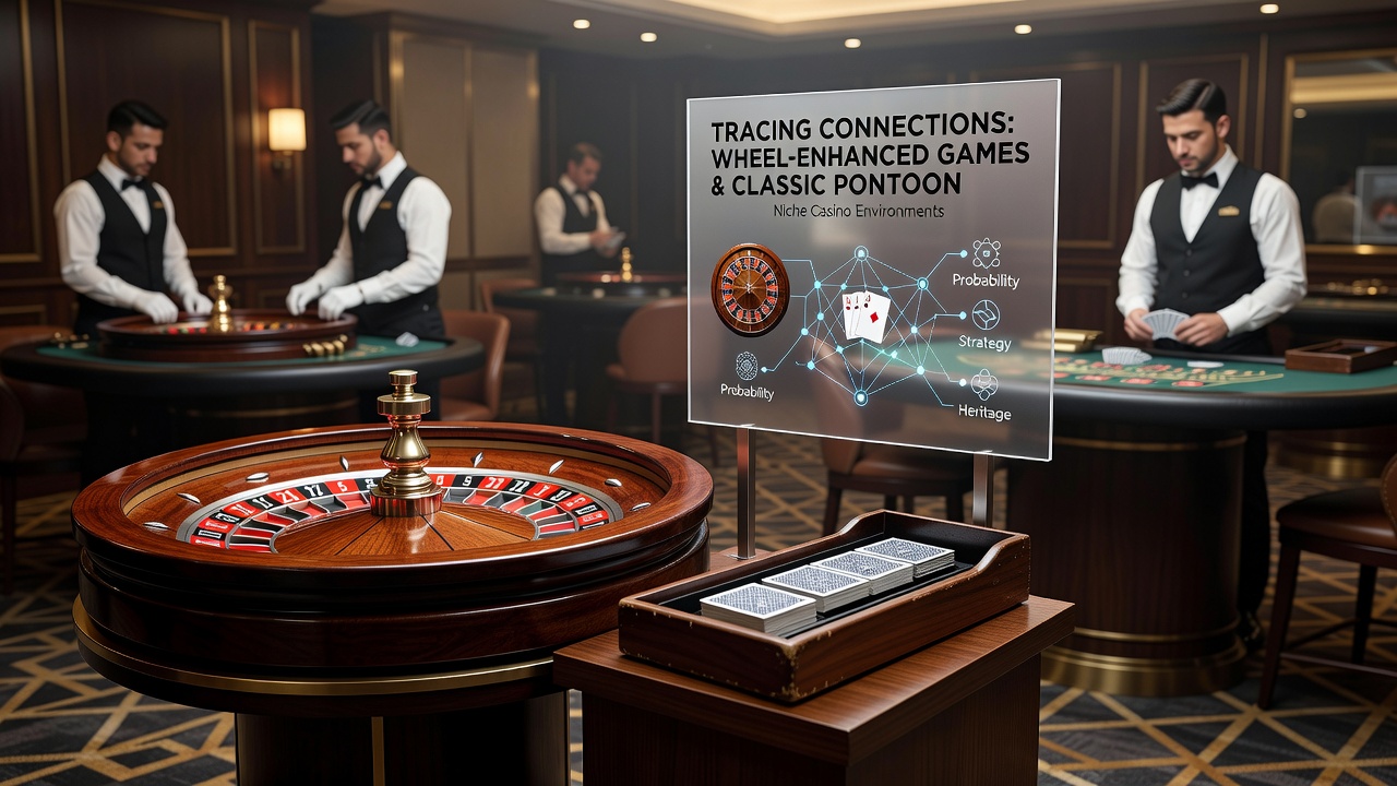 Detailed view of pontoon card hands alongside a spinning wheel bonus mechanism in an intimate casino table setup