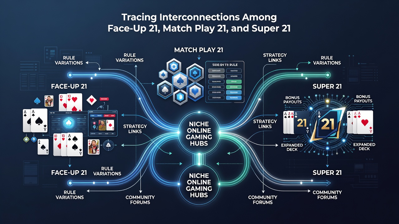 Screenshot of an online casino interface displaying Face-Up 21, Match Play 21, and Super 21 tables side by side