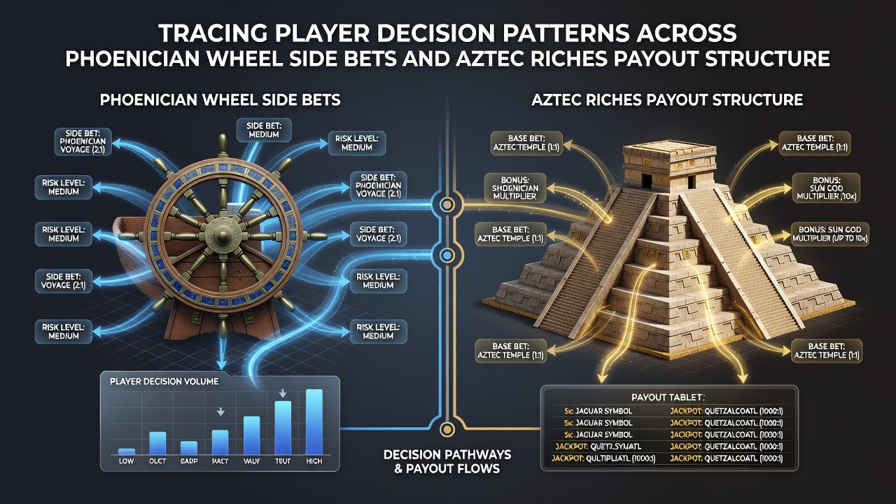 Visualization of decision flow charts connecting Phoenician Wheel side bets to Aztec Riches payout tiers