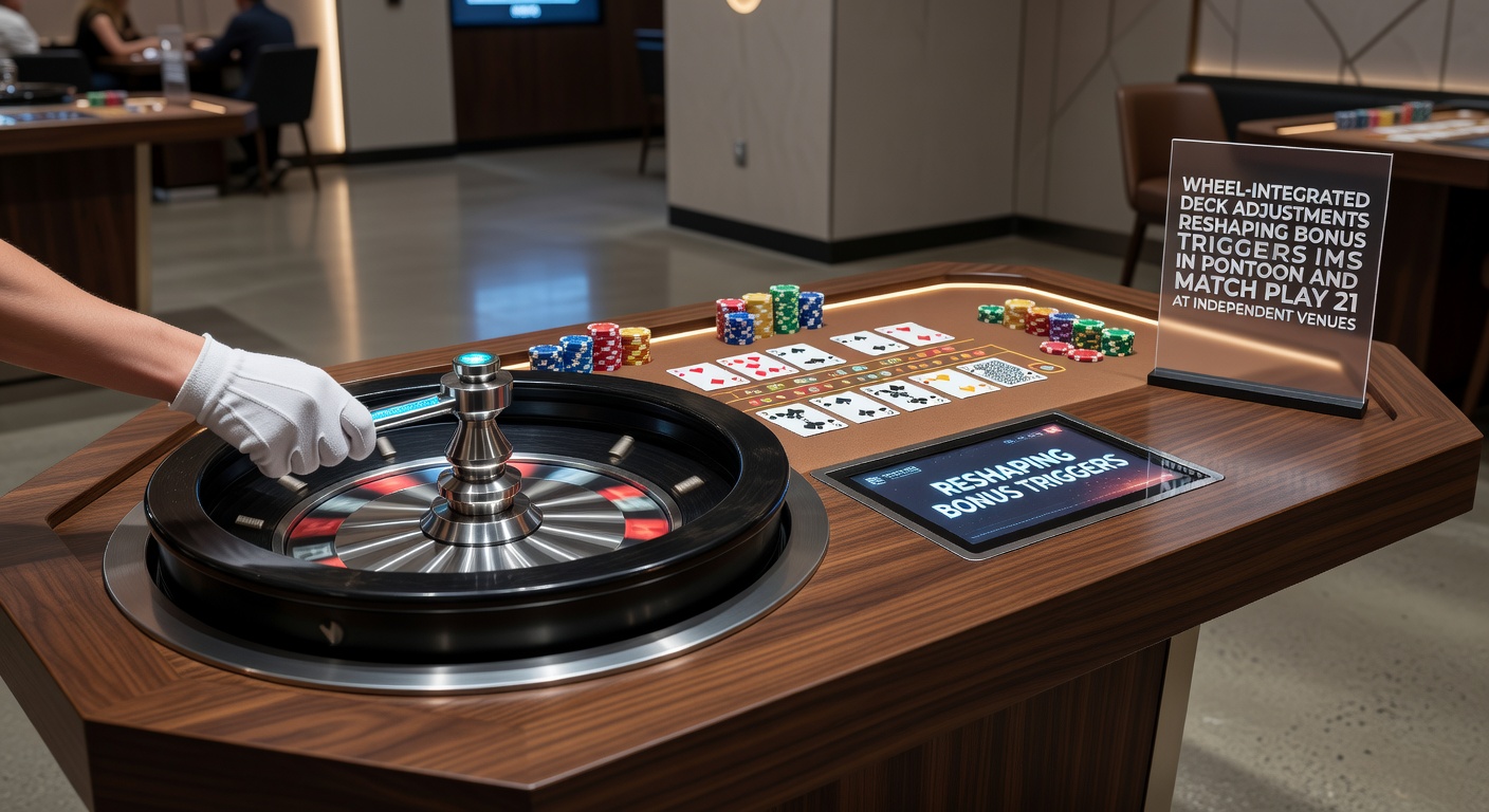 Wheel-integrated deck adjustments in Pontoon and Match Play 21 setups at independent venues showing card distribution and bonus trigger mechanics