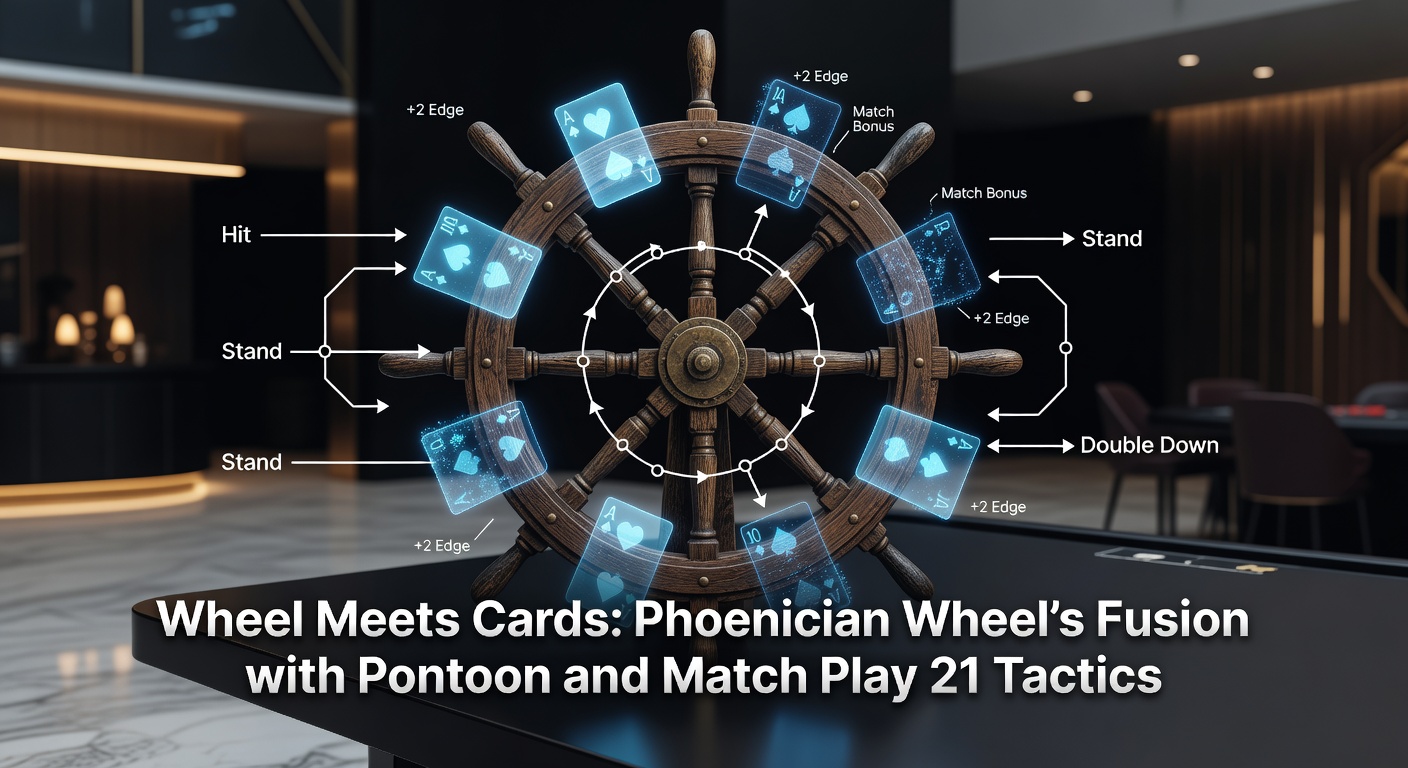 Vibrant casino scene showing a spinning Phoenician Wheel alongside blackjack tables with Pontoon and Match Play 21 layouts