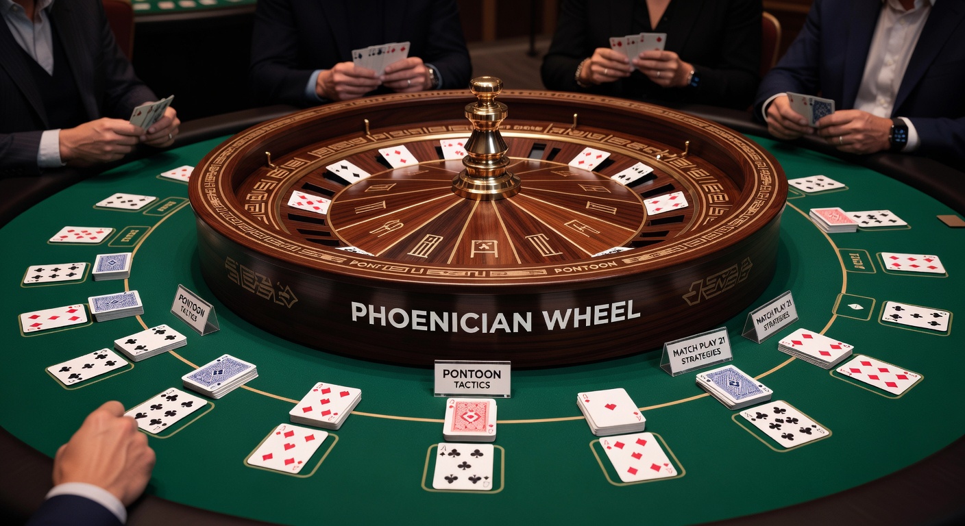 Close-up of a Phoenician Wheel spin influencing a Pontoon hand on a digital blackjack table, with Match Play 21 bonus icons glowing